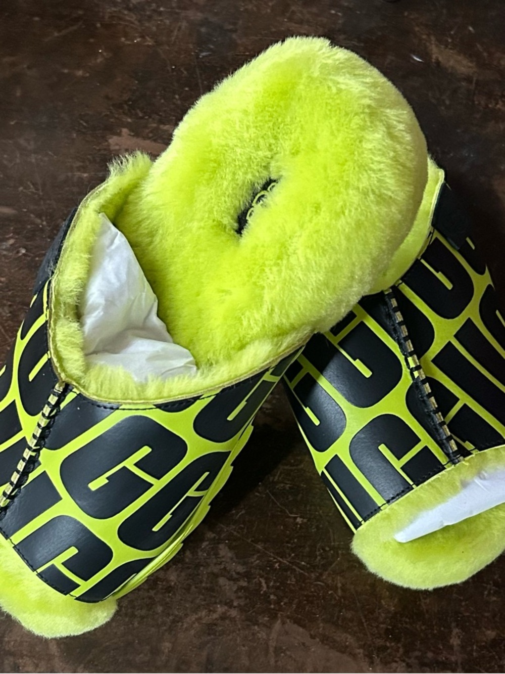 UGG Key Lime and Black Logo Slide Slippers